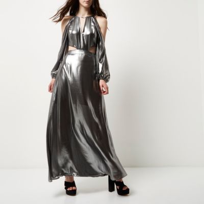 Metallic silver cold shoulder maxi dress